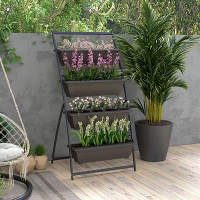 MODFU - Plantenstandaard - 4 Etages - Met Afwateringsgaten - Voor Binnen En Buiten - Staal - Bruin - 76 X 79 X 162 Cm