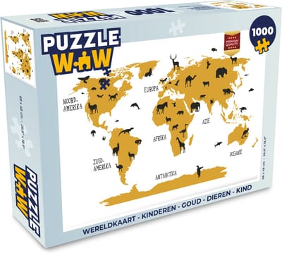 Puzzel Wereldkaart - Kinderen - Goud - Dieren - Kind - Legpuzzel - Puzzel 1000 stukjes volwassenen