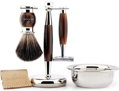 Scheerset voor heren met dubbelzijdig veiligheidsscheermes met lederen etui, scheerkwast van zuiver zwart haar, standaard en kom Perfecte cadeauset (scheerset voor heren)
