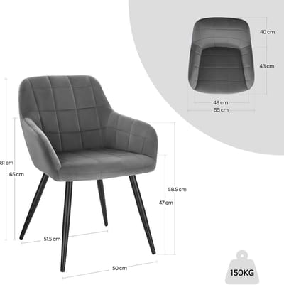 Eetkamerstoel set van 6 – Novihome LuxeVelvet Donkergrijs – Gestoffeerde keukenstoelen met armleuningen, ergonomisch design, metalen frame en comfortabele fluwelen zitting – Modern & stabiel – Set van 6