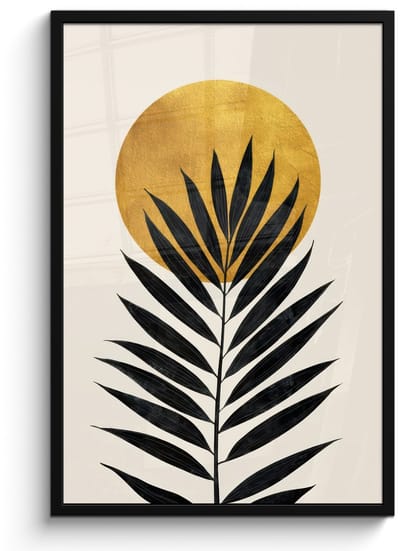 Poster in lijst - Fotolijst 60x90 cm - Posters - Zwart palmblad - Gouden cirkel - Beige achtergrond - Posterlijst zwart - Decoratie - Wanddecoratie woonkamer - Muurdecoratie slaapkamer