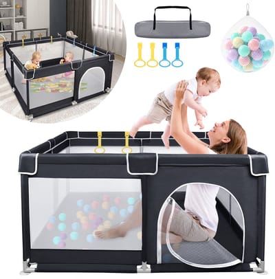 Froadp 127 x 127 cm x 68 cm Babybox Opbouwbare kinderbox Kruiphek Babybox Met accessoires en handtas, zwartgrijs