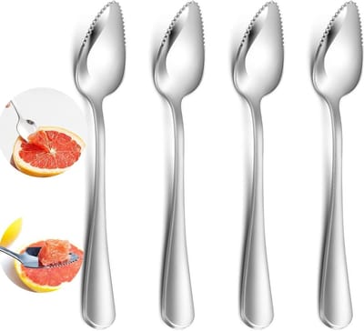 Set van 4 RVS Grapefruitlepels met Tips, Ideaal voor Citrusvruchten, Desserts en Pomelo, Vaatwasmachinebestendig, 16.8 cm