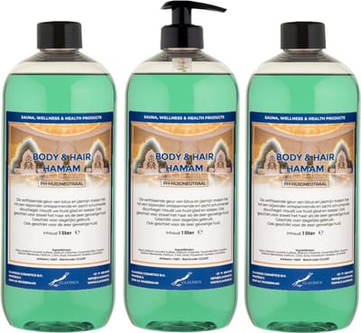 Body & Hair Hamam 1 liter met zwarte pomp - set van 3 stuks - 2 in 1 voor lichaam en haar - voordeelverpakking