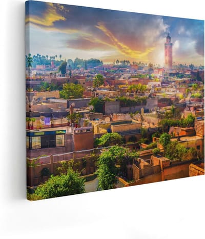 Artaza Canvas Schilderij Skyline Marokko - 50x40 cm - Wanddecoratie Zonsondergang - Muurdecoratie Stad - Kamer Accessoires Woonkamer