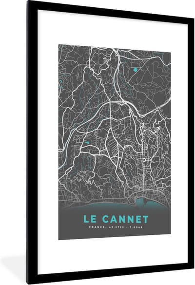Fotolijst incl. Poster - Le Cannet - Frankrijk - Plattegrond - Stadskaart - Kaart - 60x90 cm - Posterlijst