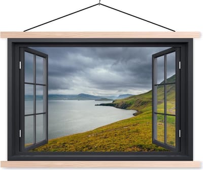 Posterhanger incl. Poster 150x100 cm - Schoolplaat - Doorkijk - Natuur - Meer - Textielposter - Blanke latten