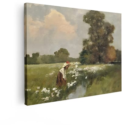 Artaza Canvas Schilderij Landschap - 80x60 cm - Wanddecoratie Vrouw Bloemenveld - Muurdecoratie Landelijk - Decoratie Natuur Schilderijen