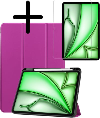 Hoesje Geschikt voor Apple iPad Air 6 (2024) - 11 inch - 6e Generatie - M2 - Met Screenprotector - Trifold Bookcase - Hard Cover Case - Met Uitsparing Geschikt voor Apple Pencil - Hardcover Book - Tablet Hoes - Paars