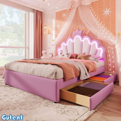 Gutent Princess Bed-140 x 200 cm-Zonder matras-Remote sfeerverlichting-2 laden-Verstelbaar hoofdeinde-PU-Roze