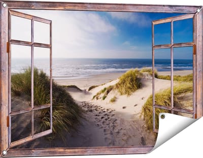 Gards Tuinposter Doorkijk Strand en Duinen - 90x60 cm - Tuindoek - Tuindecoratie - Wanddecoratie buiten - Tuinschilderij