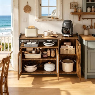 HAUSS SPOLE Keukenkast - Industrieel Sideboard Met Open Vak En 2 Deuren - Voor Keuken En Woonkamer - Hout En Metaal - 110x33x75 Cm - Bruin