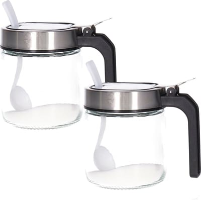 Alessandro Suikerpot - 2x - glas/rvs metaal - transparant/zilver - 8 x 10 cm - luxe uitvoering met lepel - 260 ml
