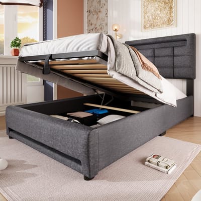 STILVORA Gestoffeerd bed 90x200 cm – Eenpersoonsbed met 16-Kleurige LED & Hydraulische Opbergruimte – Linnen – Grijs Zonder matras