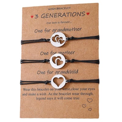 Moeder Dochter Armband voor 3 met Hartjes - Voor Mama/Oma/Dochter - Zilverkleurig met Zwarte Bandjes - Moeder Dochter Sieraden Cadeau - Pax Amare