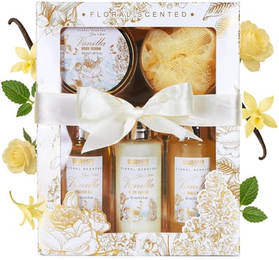 BRUBAKER Cosmetics Bad en Body Set - Vanille Rozen Munt Geur - Cadeautip Vrouw - Cadeau Idee - 5-delige Cadeauset - Cadeau - Moederdag Cadeautje