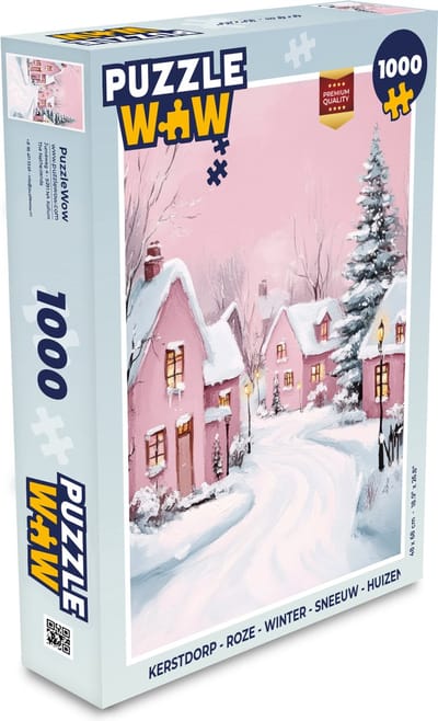 Puzzel Kerstdorp - Roze - Winter - Sneeuw - Huizen - Legpuzzel - Puzzel 1000 stukjes volwassenen - Kerst - Cadeau - Kerstcadeau voor mannen, vrouwen en kinderen
