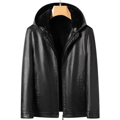 Heren Bont Eén Leren Jas Middelbare Leeftijd Heren Casual Gewatteerde Capuchon Winter Warm Papa Pak Jas Grote Maat XXXXL zwart