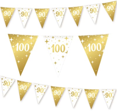 Q2P - 100 Jaar Slinger - Verjaardag Versiering - Vlaggenlijn - Slingers - Feest Decoratie - Vlaggetjes - Wit & Goud - 10m
