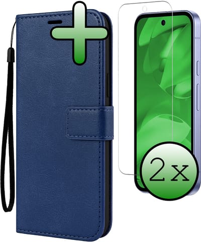 Hoesje Met 2x Screenprotector - Geschikt voor Google Pixel 9a - Luxe Pasjeshouder - Bookcase Portemonee - Flip Case - Kunstleer Book Case - Flipcase Hoes - Book Cover - Walletcase - Portemonneehoes - Donkerblauw