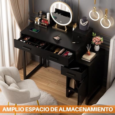 Kaptafel met Laden - Make-up bureau - Snel Klaarmaken - Geïntegreerd Oplaadstation - 90 x 40 x 76 cm - Zwart
