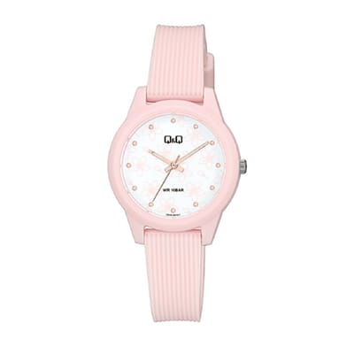 Q&Q V01A-001VY - Horloge - Sport - Analoog - Dames - Vrouwen - Plastic band - Rond - Kunststof - Bloemetjes - Roze - Wit - 10 ATM