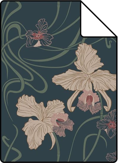 Proefstaal ESTAhome behang vintage bloemen in art nouveau stijl donkerblauw, beige en vergrijsd groen - 26.5 x 21 cm - 139669-S