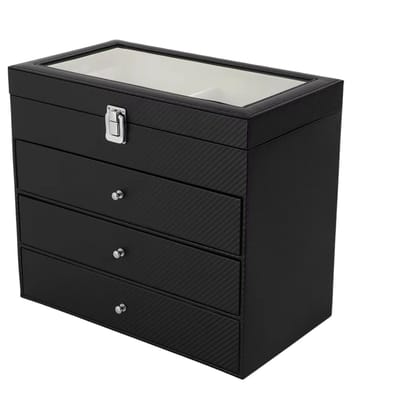 Opbergdoos voor zonnebrillen – Voor het opbergen en presenteren van zonnebrillen thuis of als display – 4-laags multi-brillen displaydoos met transparant deksel, geschikt als cadeau voor dames en heren – transparant en zwart – kunststof/acryl