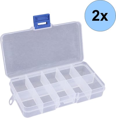 Fako Bijoux - Opbergdoos - 10 Vakjes - Kralendoos - Opbergbox - Sorteerdoos - Verdeeldoos - Box - Vast - 13x6.5x2cm - 2 Stuks