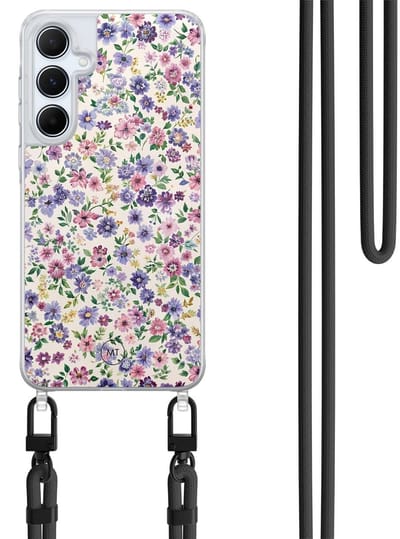 Hoesje met koord geschikt voor Samsung Galaxy A15 - Paarse bloemen - Inclusief Zwart koord - Crossbody beschermhoes - Transparant, Paars - Mooie Telefoonhoesjes