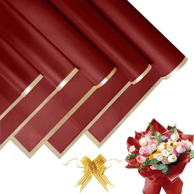 20 Vellen Bloemen Inpakpapier met 10 Stuks Linten - 58x58cm Rood met Gouden Rand - Waterdicht Inpakpapier voor Bloemen, Cadeaus en Feestdagen