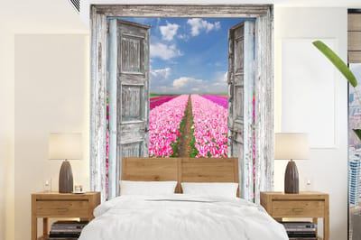 Behang - Fotobehang Bloemen - Tulpen - Doorkijk - Regenboog - Breedte 190 cm x hoogte 260 cm