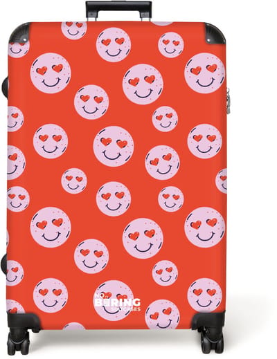 NoBoringSuitcases.com® - Koffer groot - Reiskoffer lichtgewicht - Rood met roze smileys - Rolkoffer met 4 wielen - Grote trolley XL - 98 liter bagage