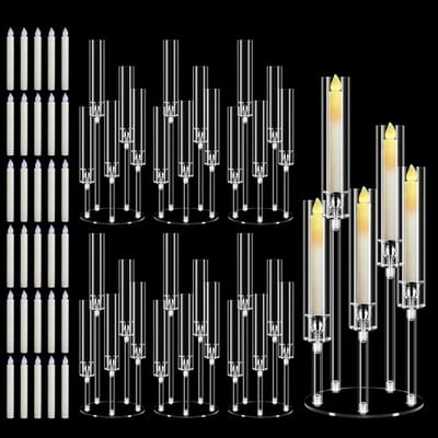 6-delige Kaarsenhouder Set met Elektrische Kaarsen | 5-Arms Acryl Kaarsenstandaards 58cm, Tafeldecoratie voor Feesten, Bruiloften en Kerstmis