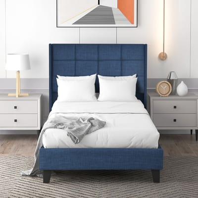 SINGULARITY-Gestoffeerd bed met gestoffeerd hoofdeinde Eenpersoonsbed met lattenbodem- 90x200cm- in blauw linnen- medium stevig Met springverenmatras