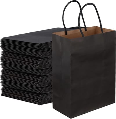 100 Stuks Kraft Papier Gift Zakken met Handgrepen 21x15x8cm, Zwarte Feestzakjes voor Verjaardag, Bruiloft en Kerstdecoratie, Perfect voor Snoepverpakking