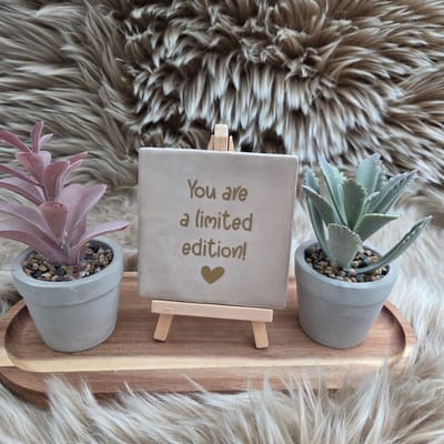 Robuust Wenstegeltje – You Are a Limited Edition – Hip trendy tegeltje – 10x10 cm – Uniek Cadeau voor Vriendin, Juf, Tante, Zus of Collega – Stijlvolle Woondecoratie met Boodschap – Trendy nu – Decoratief Tegeltje met Standaard – Cadeau Idee