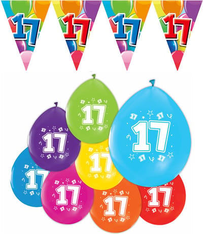 Feestpakket 17 jaar / 8 ballonnen en 1 vlaggenlijn 10 meter - Versiering Slinger Feestdecoratie Decoratie Verjaardag Jubileum Ballon Feest