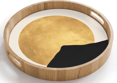 Dienblad rond 40x40 cm - Schootdienblad hout - Bergsilhouetten - Gouden cirkel - Beige - Borrelplank rechthoek - Plateau houten dienbladen