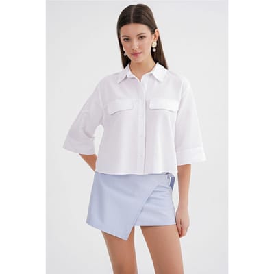 Korte Mouwen Crop Poplin Blouse