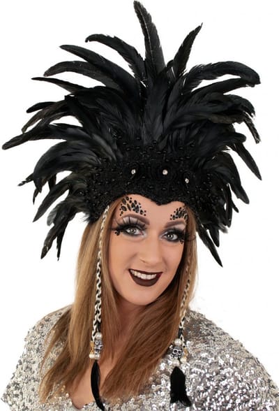 KIMU® Grote Verentooi Zwart - Burlesque Hoofdtooi Carnaval Rio De Janeiro - Veren Tooi Indiaan Indianentooi - Piraat Pirates Zomercarnaval Festival