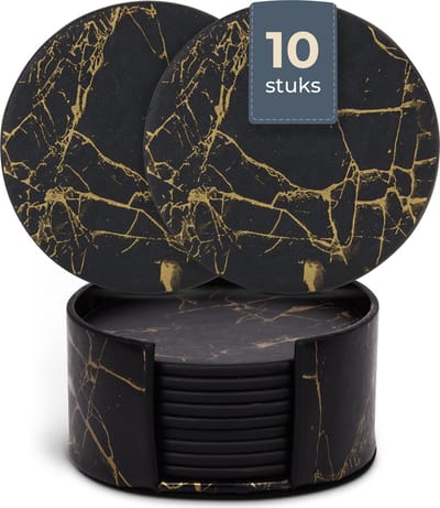 Castagnola Kunstlederen Onderzetters – Onderzetters voor Glazen – Design Onderzetters met Houder – Leren Onderzettersset – Leder – Set van 10 – Marmer look - Zwart/Goud