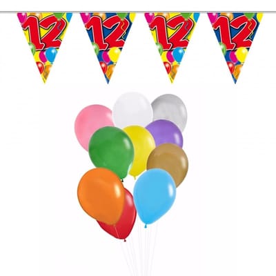Folat Verjaardag 12 jaar feestartikelen set - 50x ballonnen - 2x leeftijd print vlaggenlijnen