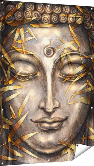 Gards Tuinposter Boeddha Beeld met Gouden Bladeren - 100x150 cm - Tuindoek - Tuindecoratie - Wanddecoratie buiten - Tuinschilderij