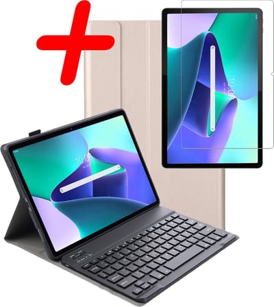 Hoes Geschikt voor Lenovo Tab M10 Plus (3e / 3rd Generatie) - Met Screenprotector - Toetsenbord Case - Keyboard Book Cover - Hoesje - Goud