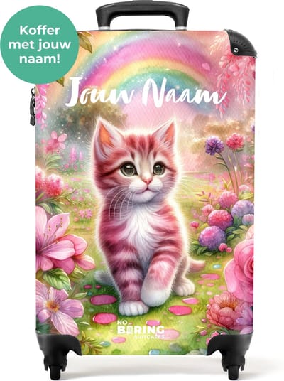 NoBoringSuitcases.com® - Kinderkoffer meisjes kitten - Trolley met naam voor kinderen - Roze handbagage koffer lichtgewicht - Past binnen 55x40x20 en 55x35x25