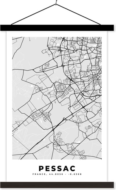 Posterhanger incl. Poster 40x60 cm - Schoolplaat - Frankrijk - Pessac - Stadskaart - Plattegrond - Kaart - Textielposter - Zwarte latten - Stadskaart