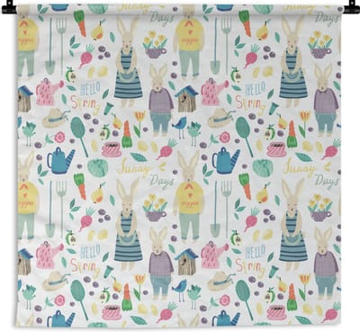 Wandkleed - Wanddoek - Patronen - Konijn - Lente - Tuin - 180x180 cm - Wandtapijt