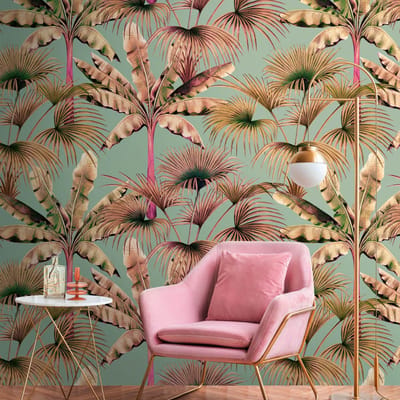 Fotobehang Profhome 391832-GU vliesbehang hardvinyl warmdruk in reliëf glad in jungle stijl mat turkoois turkooisgroen beigebruin roze 1,59 m x 2,8 m