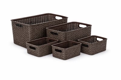 Opbergmand Set Bruin (5-Delig) – 28,5L, 18L, 10L, 6L en 5L – Mandjes Riet Look Opbergdozen - Opbergboxen voor Kast Organizer, Keukenkast en Kinderkamer